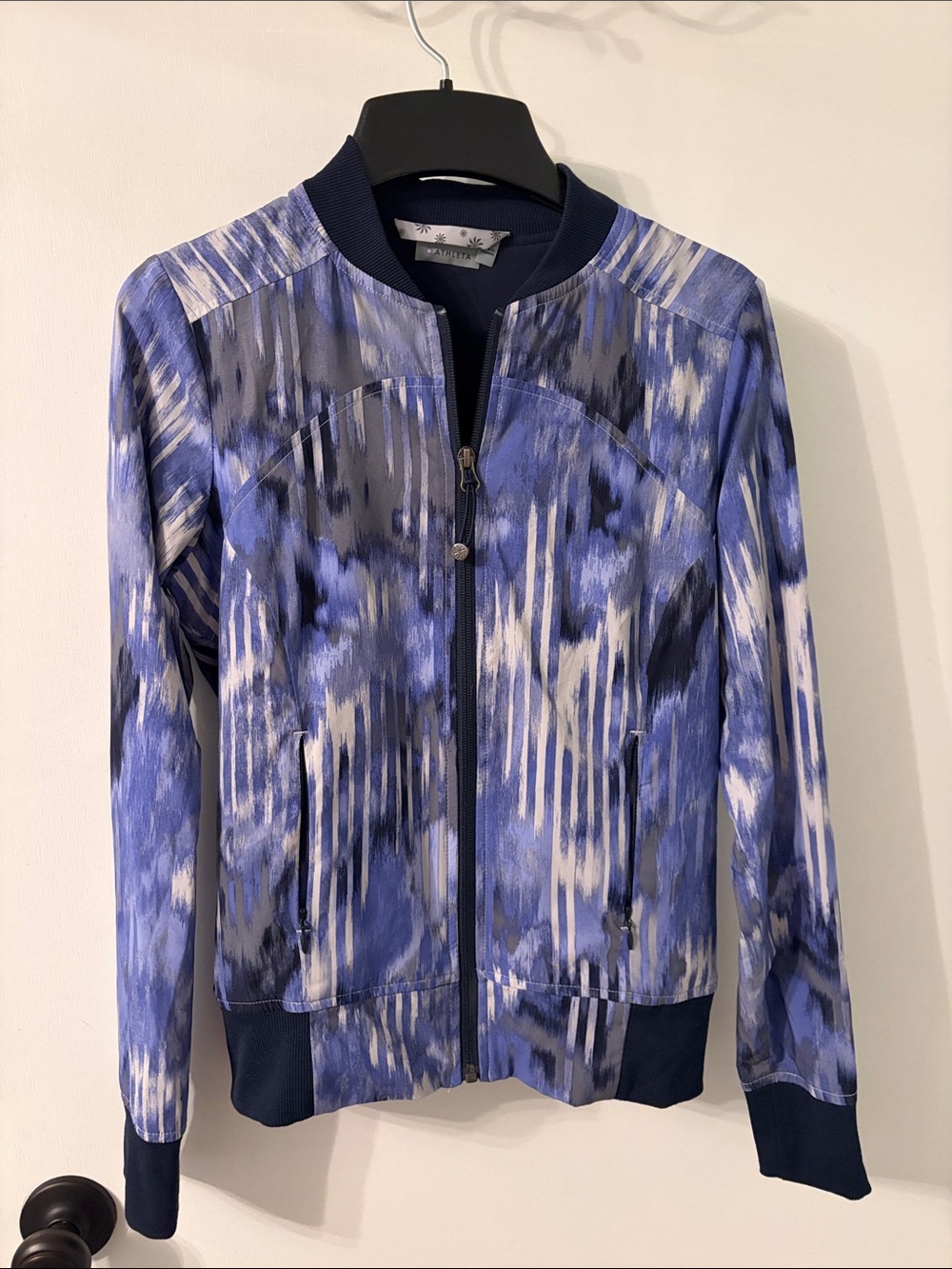 Athleta Blue Abstract Print Bomber Jacket
